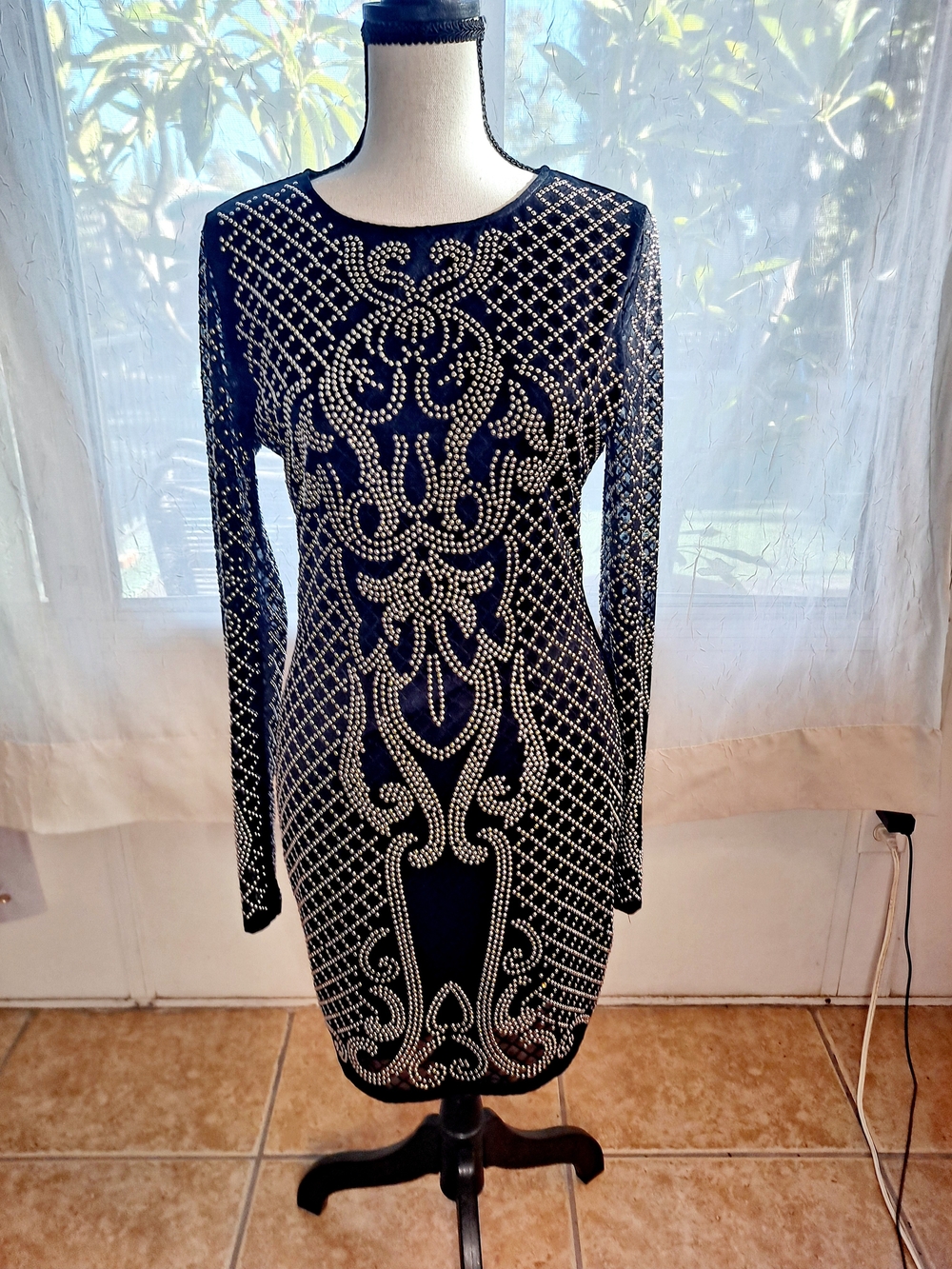 Windsor Black Studded Mesh Long Sleeve Bodycon Lined Mini Dress